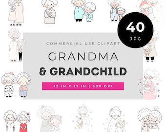 Grandma and grandchild clipart set, cute grandmother with kids illustrations for cards, scrapbooking crafts, family character for projects