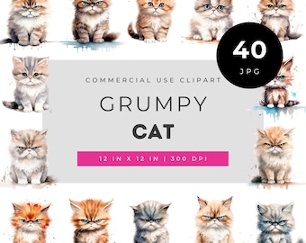 Grumpy Cat Clipart Bundle, Angry Kitten Watercolor Illustration Set, Cute Moody Kitty JPG Commercial Use Pack