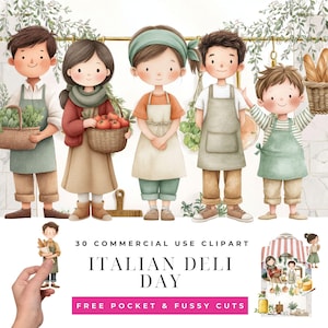 Può includere: Illustrazione ad acquerello di cinque personaggi di cartoni animati di gastronomia, ognuno con grembiuli e che tengono cesti di prodotti. L'immagine include il testo "Italian Deli Day" e "30 Commercial Use Clipart."
