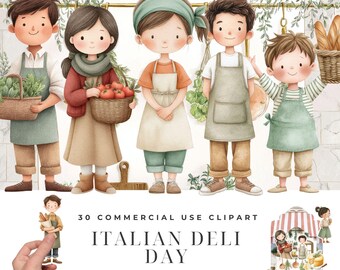 Italian Deli Day Watercolor Clipart, Mediterranean Kitchen Art, Olive Oil Tomatoes Herbs Garlic Illustrations, Rustic Food Fussy Cuts Bundle
