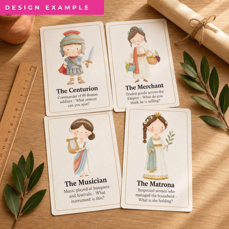 May include: Four rectangular educational cards featuring watercolor illustrations of Roman figures labeled The Centurion, The Merchant, The Musician, and The Matrona, with descriptive text below each character, positioned next to a 12-inch wooden ruler.