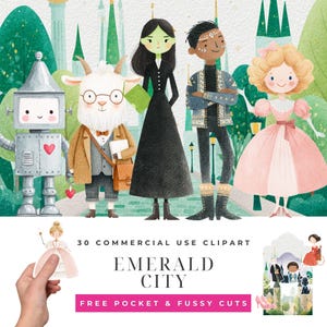 May include: Watercolor illustration featuring characters from The Wizard of Oz, including the Tin Man, a goat, the Wicked Witch, and Dorothy. The image includes the text "Emerald City" and "Free Pocket & Fussy Cuts."