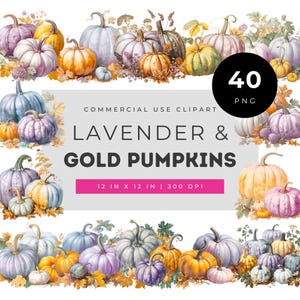 Puede incluir: Una colección de 40 ilustraciones digitales de calabazas en tonos lavanda, oro y naranja, con varios tamaños y texturas. El texto dice: 40 PNG, COMMERCIAL USE CLIPART, LAVENDER & GOLD PUMPKINS, 12 IN X 12 IN | 300 DPI.