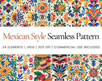 Mexican style seamless pattern set, vibrant folk art digital paper bundle, colorful floral backgrounds for crafts scrapbooking design