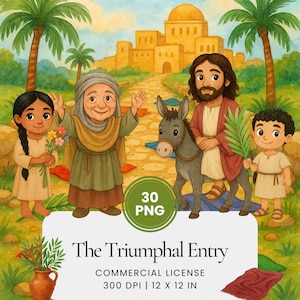 May include: Watercolor illustration depicting "The Triumphal Entry." The image features a central figure on a donkey, surrounded by people, palm trees, and a building in the background. The image includes the text "The Triumphal Entry" and "Commercial License 300 DPI | 12 x 12 IN."