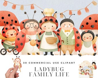 Ladybug Family Clipart Bundle, Watercolor Cute Ladybug Characters, Cottagecore Bug Nursery Clipart, Anthropomorphic Animal Family Download