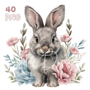 Aquarell-Clipart-Paket mit Hasen und Blumen, Frühlings-Hasen-Blumenillustrationen für Babyparty-Einladungen, Wandkunst fürs Kinderzimmer, Osterbasteln