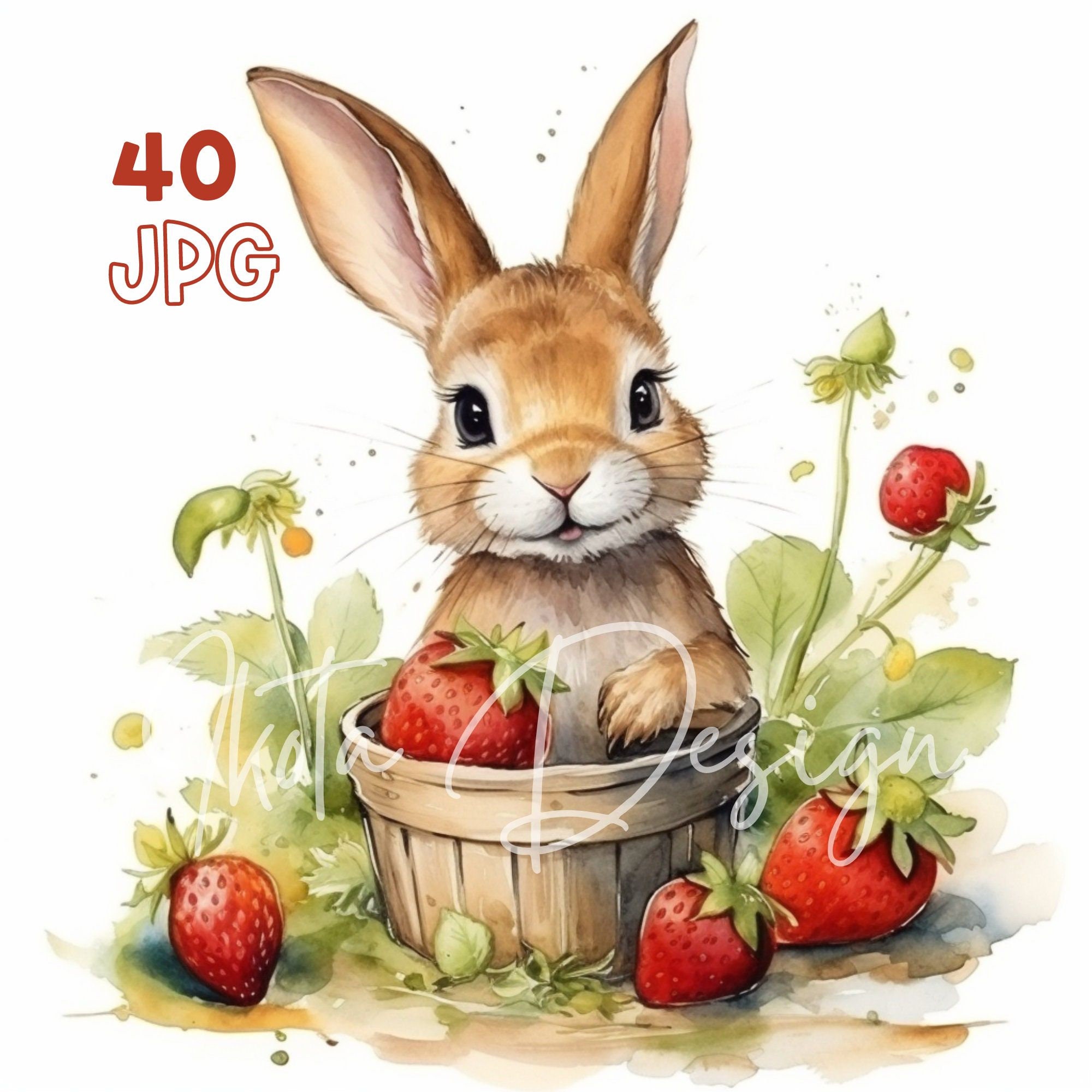Rabbit Strawberry Clipart, Cute Bunny Illustration, Watercolor