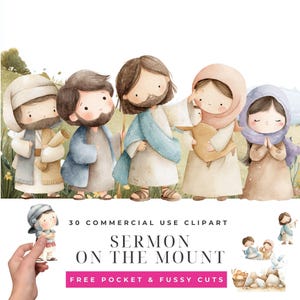 May include: Watercolor clipart featuring six cartoon figures in biblical attire. The figures include men with beards, a woman with a baby, and a woman with a head covering. The text "Sermon on the Mount" is displayed below the figures, along with the text "30 Commercial Use Clipart".
