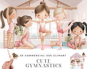 Ensemble de cliparts de gymnastique mignons pour les activités manuelles des enfants, adorables illustrations de gymnastes, illustrations de poses acrobatiques amusantes pour les autocollants d'agenda
