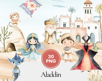 Pode incluir: Um conjunto de 30 ilustrações digitais com personagens do filme Aladdin. As ilustrações são em estilo aquarela e incluem Aladdin, Jasmine, Jafar, Abu, o Gênio e o Sultão. As ilustrações são perfeitas para criar convites, cartões, páginas de scrapbook e outras manualidades.
