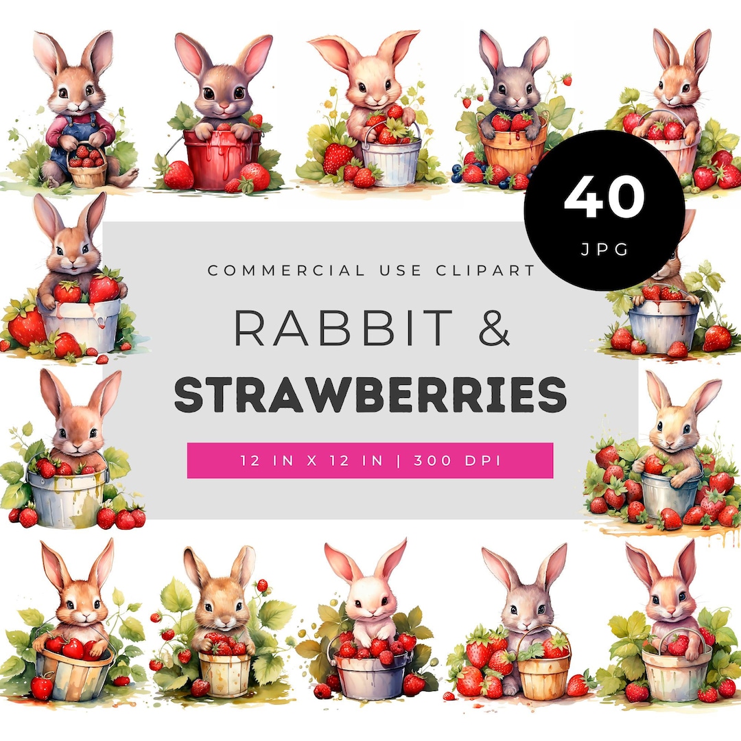 Rabbit Strawberry Clipart, Cute Bunny Illustration, Watercolor