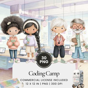 May include: A digital illustration of four cartoon characters in a coding camp environment. The image shows the characters in casual clothes, with laptops and a robot. The image includes the text "Coding Camp" and "30 PNG".