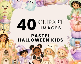 Pastel Halloween Clipart Bundle, Watercolor Cute Halloween Kids, Pastel Ghost Pumpkin Clipart, Kawaii Halloween Toddler Characters Download
