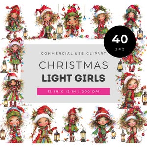 Christmas Girl Clipart, Watercolor Santa Hat Kids JPG, Cozy Lantern String Lights, Cute Elf Xmas Card Nursery, Sublimation, Commercial Use