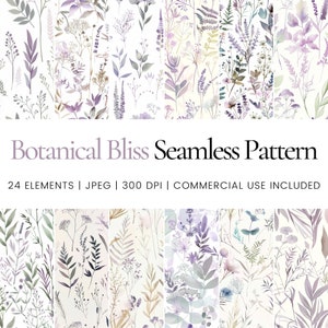 Peut inclure: Quatre motifs sans couture représentant des illustrations à l'aquarelle de divers éléments botaniques dans des tons de violet, de vert et de blanc sur un fond blanc. Le texte "Botanical Bliss Seamless Pattern" et "24 ELEMENTS | JPEG | 300 DPI | COMMERCIAL USE INCLUDED" est affiché sous les motifs.