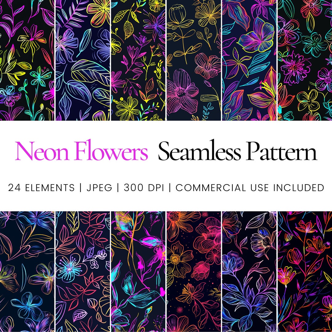 Neon Flowers Seamless Pattern Bundle, Glow Floral Digital Paper, Bright ...