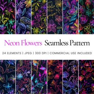 Neon Flowers Seamless Repeat Pattern, Digital Papers, Background, Tumbler Wrap, Printable, Commercial Use Digital Paper, Mug, Apparel, Decor
