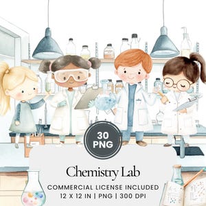 科学教師や教室向けの化学実験室の子供向けクリップアートバンドル、ワークシートやアクティビティ用のかわいい実験室キャラクター、教育