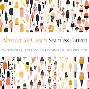 Puede incluir: Seis patrones sin costuras diferentes que presentan conos de helado y paletas de helado abstractas en varios colores, incluidos el rosa, el azul, el amarillo y el negro. Los patrones están sobre un fondo blanco.