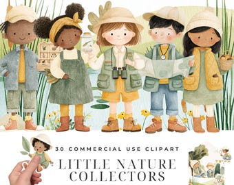 Little Nature Collectors Clipart Bundle, Watercolor Kids Explorer, Nature Study STEM Homeschool Clipart, Diverse Children Nature Download