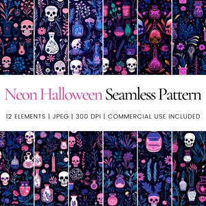 Puede incluir: Un conjunto de 12 patrones sin costuras con ilustraciones de neón rosa, azul y verde de calaveras, botellas de pociones y flores sobre un fondo negro. El texto "Neon Halloween Seamless Pattern" está en la parte superior de la imagen. El texto "12 ELEMENTS | JPEG | 300 DPI | COMMERCIAL USE INCLUDED" está debajo del título.