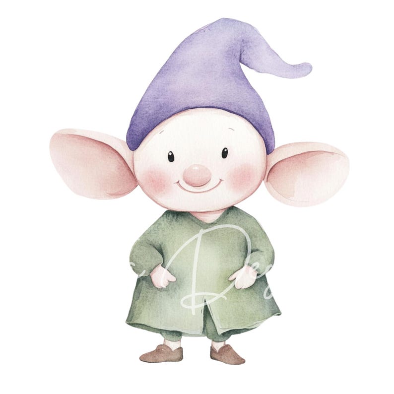 May include: A watercolor illustration of a cartoon elf with a purple hat, green clothing, and large pink ears. The elf has a smiling face with a small nose and large eyes.
