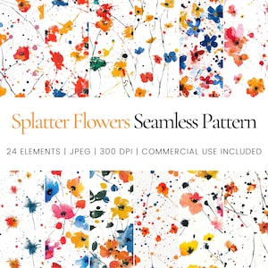 Splatter bloemen naadloos herhalingspatroon, digitale papieren, achtergrond, Tumbler Wrap, afdrukbaar, commercieel gebruik digitaal papier, mokken, kleding