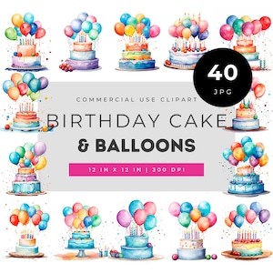 Birthday cake and balloons watercolor clipart, colorful cakes candles confetti and party decor elements, celebration art bundle for crafts