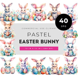 Pastel Easter Bunny Clipart Bundle, cute spring rabbit illustrations for crafts, soft watercolor bunny with eggs, printable holiday design