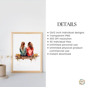 K&ouml;nnte beinhalten: Aquarell-Illustration von zwei Personen, die auf einer Bank mit Blumen sitzen. Die Illustration ist in einem Holzrahmen. Der Text "DETAILS" ist in Schwarz auf wei&szlig;em Hintergrund geschrieben. Der Text unter "DETAILS" listet die Merkmale des digitalen Downloads auf.