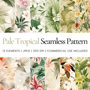 Puede incluir: Doce patrones sin costuras con flores y hojas tropicales pálidas en tonos de verde, blanco y rosa. Los patrones son perfectos para crear diseños digitales o impresos.
