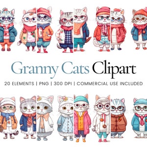 Chats habillés en grand-mères Clipart - 20 PNG de haute qualité - Planificateur numérique, Junk Journaling, Lignes simples, Utilisation commerciale, Téléchargement numérique