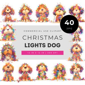 Christmas lights dog clipart set, watercolor festive puppies tangled in colorful fairy lights, cute holiday pet illustrations for cards