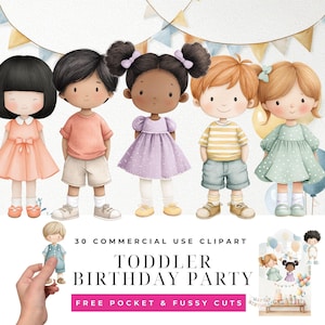 Puede incluir: Conjunto de imágenes prediseñadas de acuarela con cinco niños pequeños de dibujos animados con varios atuendos. La imagen incluye el texto "30 Commercial Use Clipart" y "Toddler Birthday Party". El clipart incluye una mano sosteniendo una pequeña imagen de niño pequeño y una escena de fiesta de cumpleaños.