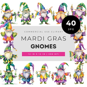 Mardi Gras gnomes watercolor clipart set, colorful purple green gold outfits beads feathers masks and festive decor, carnival celebration