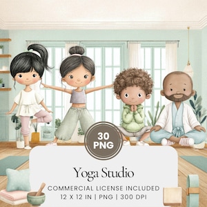 Yoga Studio aquarel clipart, pastel yoga karakters PNG bundel, mindfulness rekwisieten, wellness studio kunst, zelfzorg dagboek grafische set