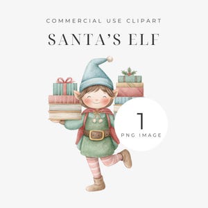 Puede incluir: Ilustración en acuarela de un elfo de Papá Noel, un personaje alegre con túnica verde, capa roja y calcetines a rayas, llevando regalos y libros. La imagen incluye el texto "SANTA'S ELF" y "COMMERCIAL USE CLIPART".