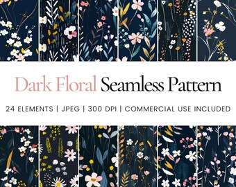 Dark Floral Seamless Pattern Bundle, Moody Botanical Digital Paper Pack, Elegant Dark Flower Backgrounds, Vintage Floral Designs, Commercial