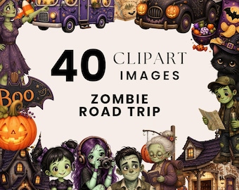 Zombie Road Trip Clipart, Halloween Kids, Trick or Treat Illustrations, Watercolor Haunted Travel Bundle, Candy Witch Map Art,Commercial Use