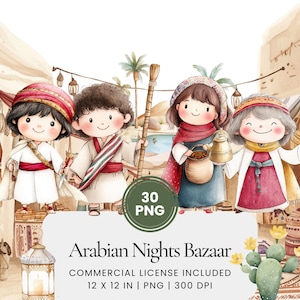 Arabian Nights Bazaar Clipart - 30 PNG - Planificateur numérique, Junk Journaling, Wall Art, Utilisation commerciale, Sublimation, Scrapbooking, Cartes, Scène