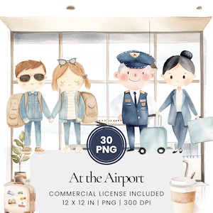 Clipart op de luchthaven - 30 PNG - Digitale planner, junk journaling, commercieel gebruik, sublimatie, scrapbooking, kaart, stickers, scène, mokken