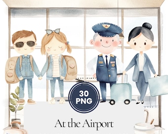 Airport clipart set for travel journals, pilot and flight crew illustrations, family vacation graphics, aviation planner bundle for creative