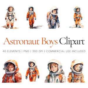 Astronauta Boy Clipart - 40 PNG di alta qualità - Pianificatore digitale, Junk Journaling, Acquerello, Uso commerciale, Download digitale