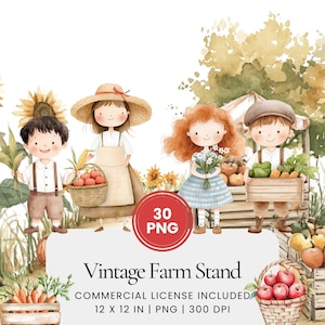 Vintage Farm Stand Clipart - 30 PNG - Digitaler Planer, Junk Journaling, Wandkunst, kommerzielle Nutzung, Sublimation, Scrapbooking, Karten, Aufkleber