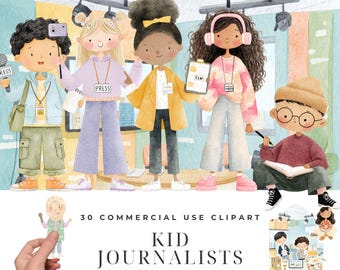 Kid Journalists Clipart Bundle, Watercolor Children Reporter Illustrations, Press Badge Camera, School Newsroom Characters Designs Download