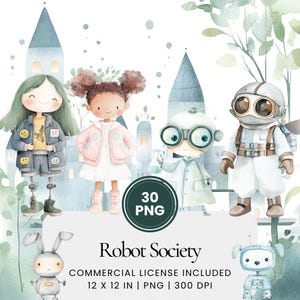 Robot Society Clipart - 30 PNG - Digital Planner, Junk Journaling, Stickers, Commercial Use, Sublimation, Scrapbooking, Cards, Mugs, Scene