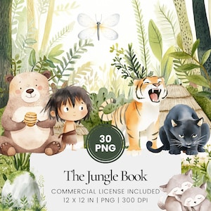 Il libro della giungla Clipart - 30 PNG - Pianificatore digitale, Junk Journaling, Arte della parete, Uso commerciale, Sublimazione, Scrapbooking, Carte, Tazze, Scena