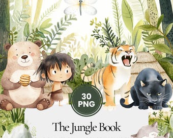 May include: A set of 30 digital illustrations featuring characters from The Jungle Book. The illustrations are in a watercolor style and include Mowgli, Baloo, Shere Khan, and Kaa. The illustrations are 12 inches by 12 inches and are 300 DPI.