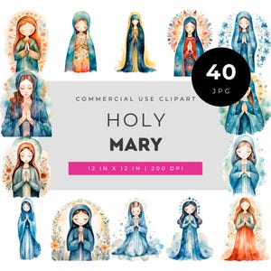 Holy Mary Clipart Bundle, Virgin Mother Christian Art Set, Marian Watercolor JPG Pack for Catholic Crafts, Prayer Journals & Religious Decor